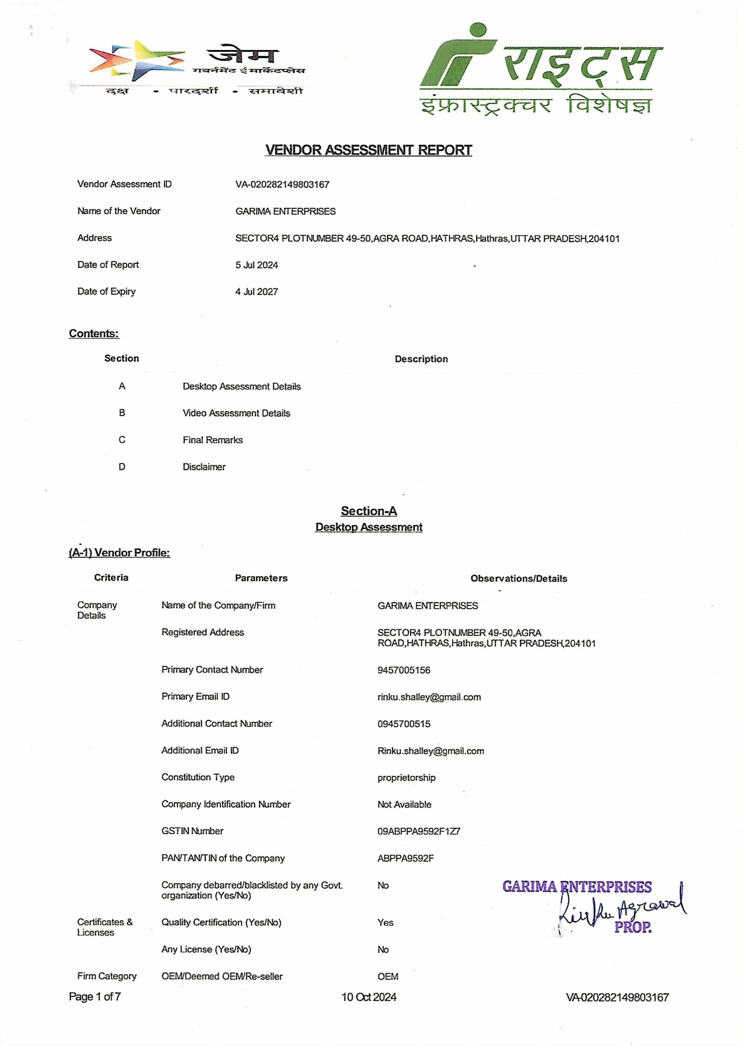 OEM Certificate Page 1